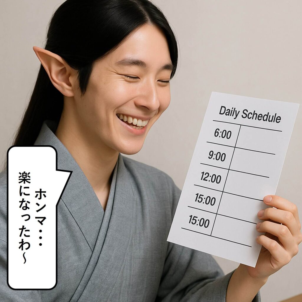 スケジュールが少なくて嬉しそうな人物