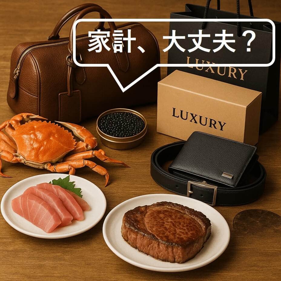 蟹やお刺身、キャビア、ステーキなどの豪華な食べ物と高級感あるアイテム。「家計、大丈夫？」という吹き出し付き。