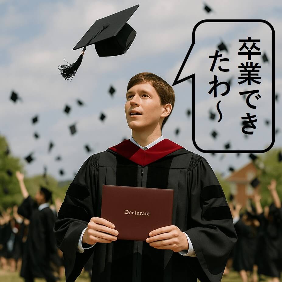 博士課程の卒業式で帽子を投げる学生。「卒業できたわ〜」という吹き出し付き