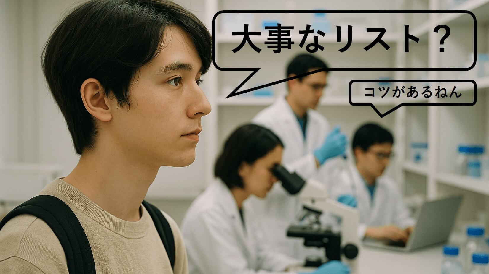研究室に入る前に深呼吸する新入学生と、顕微鏡やパソコン作業をする研究者たち。「大事なリスト？」という吹き出し付き