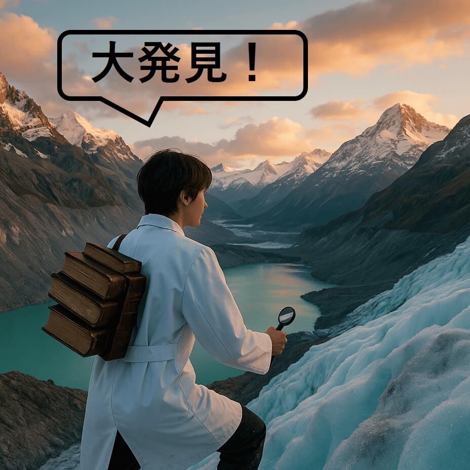 山頂で自然を背景にルーペを持ち「大発見」と叫ぶ白衣の研究者