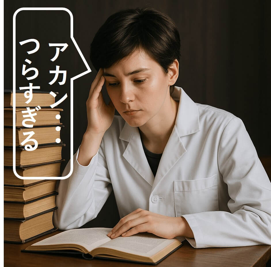 古い本を前に頭を抱え、研究に悩む白衣の研究者