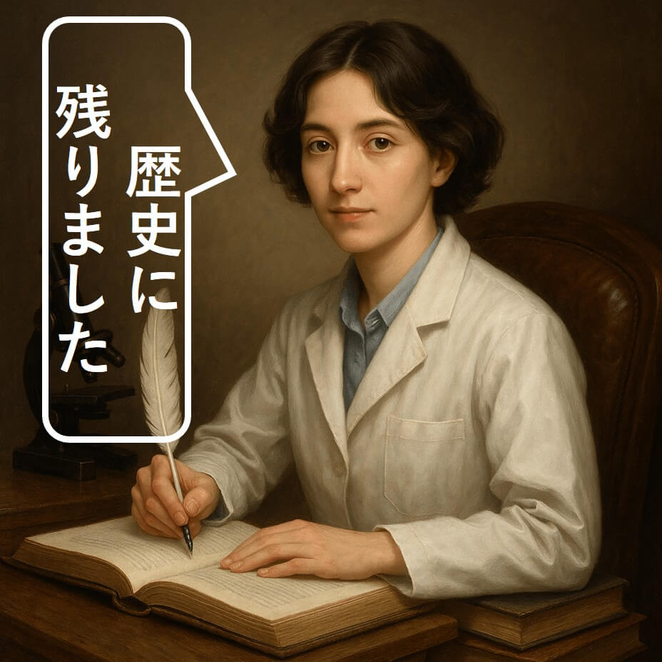 羽ペンで本に記録を残す白衣の研究者