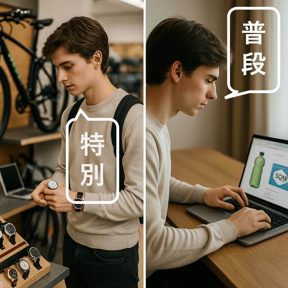 店舗とオンラインで買い物を対比する学生